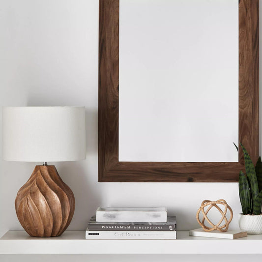 Carved Wooden Table Lamp with Fabric Shade