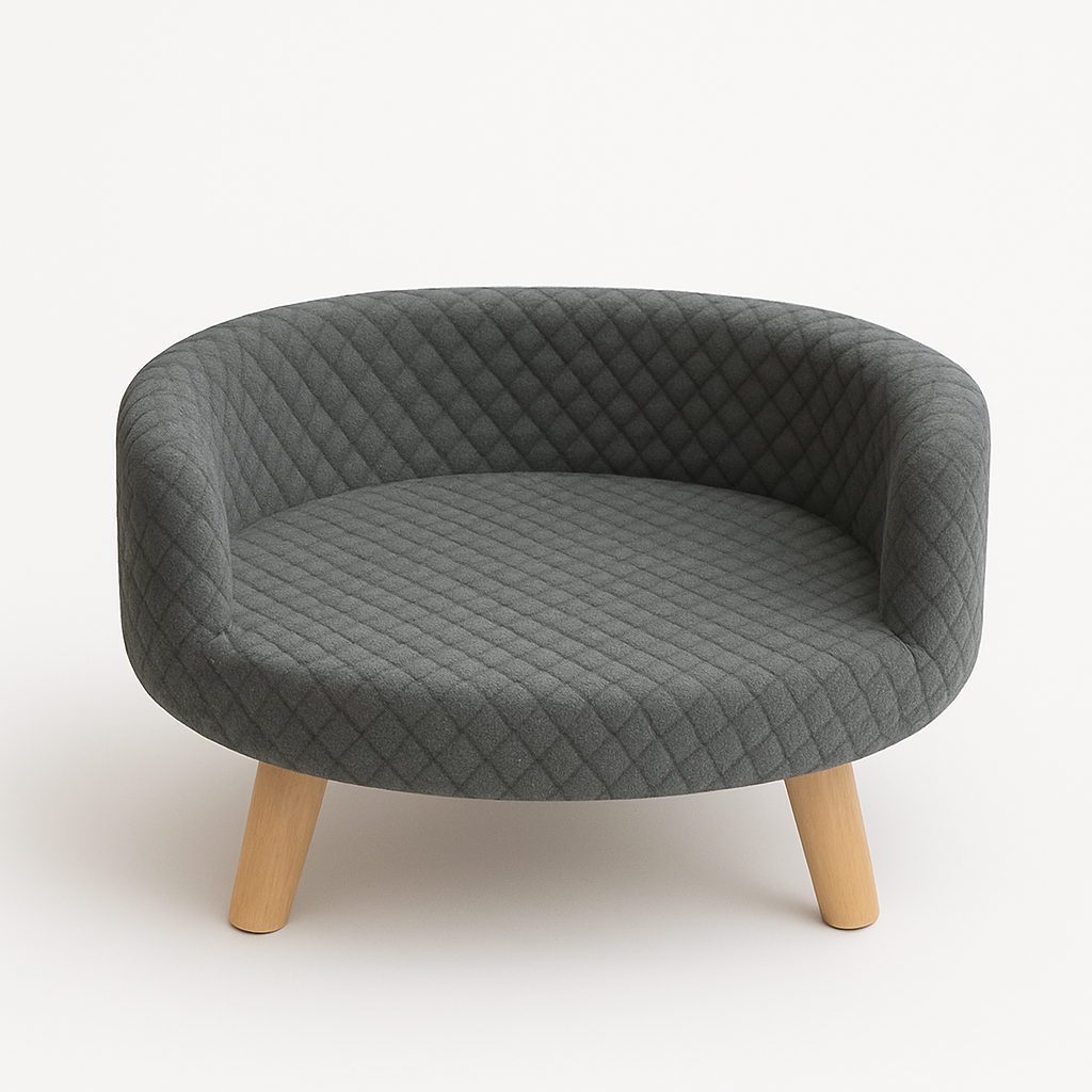 Quilted Pet Bed with Natural Wood Legs – Charcoal Grey