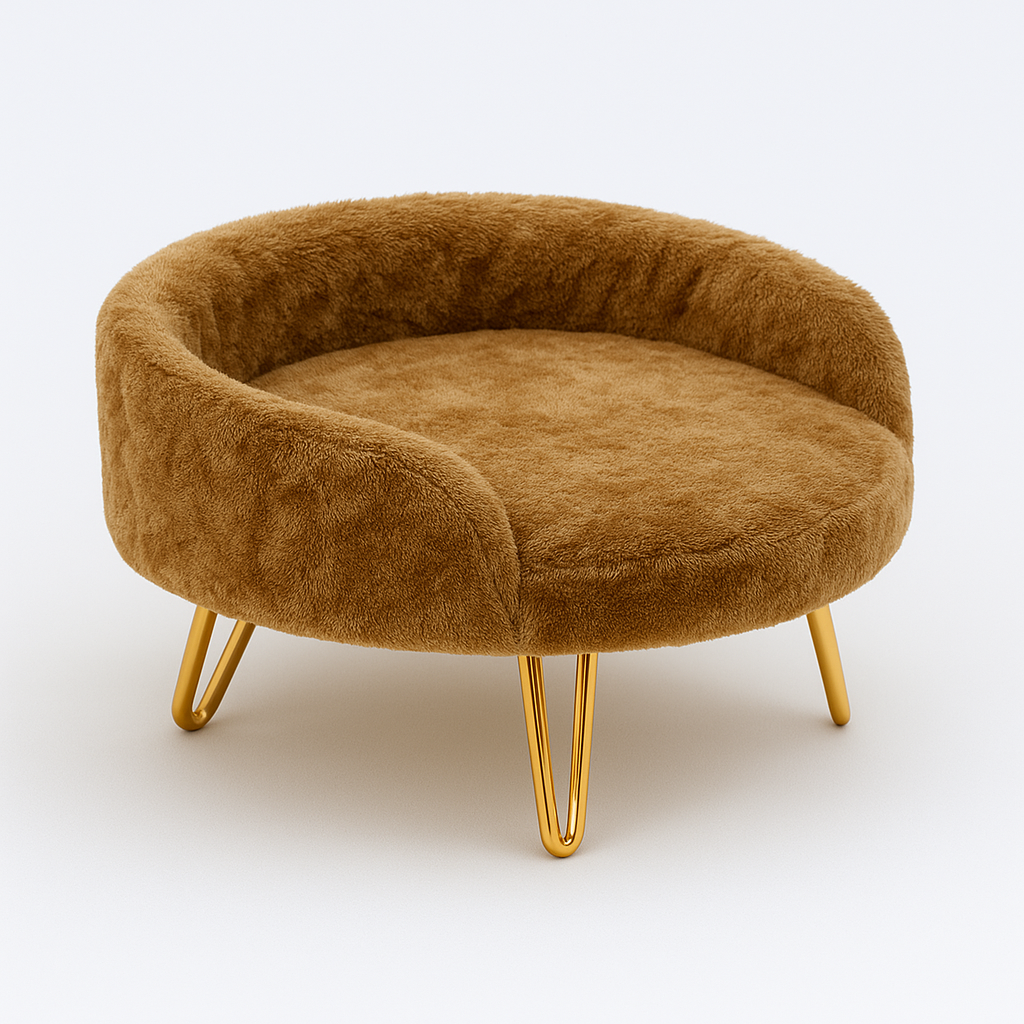 Plush Luxe Pet Bed with Gold Hairpin Legs – Camel Brown