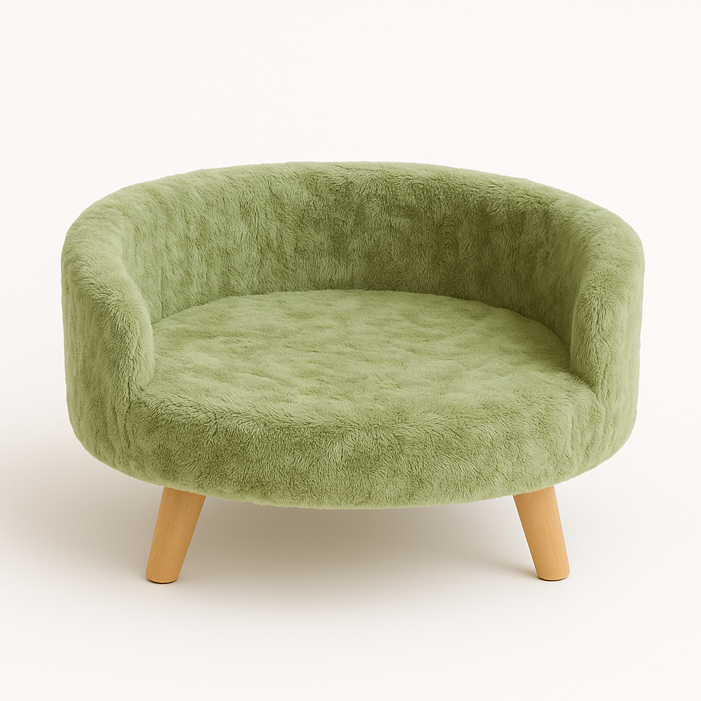 Plush Cozy Pet Bed with Natural Wood Legs – Light Green