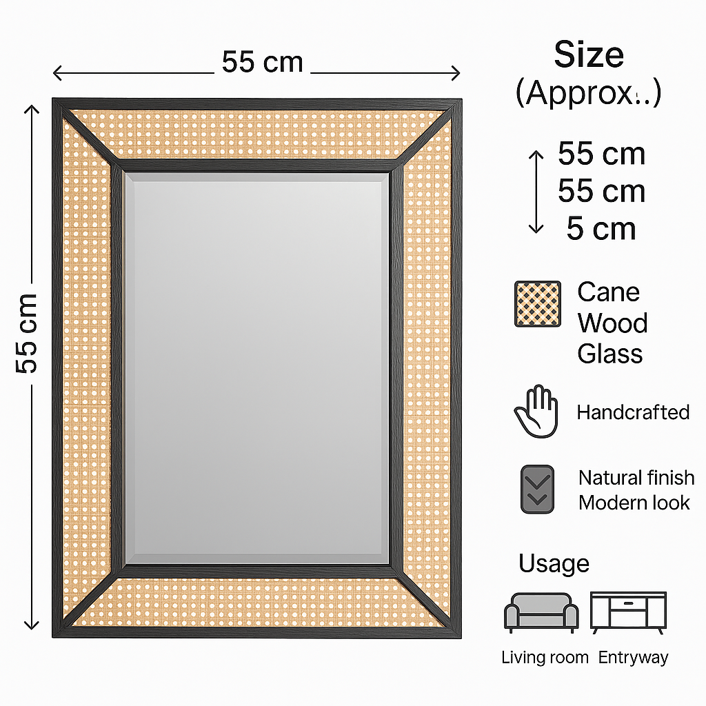 Rectangular Cane & Black Wooden Frame Wall Mirror