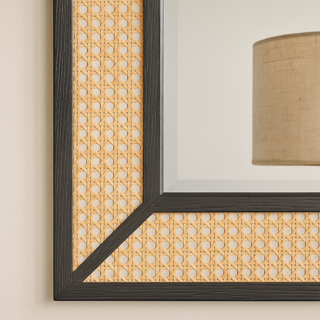 Rectangular Cane & Black Wooden Frame Wall Mirror