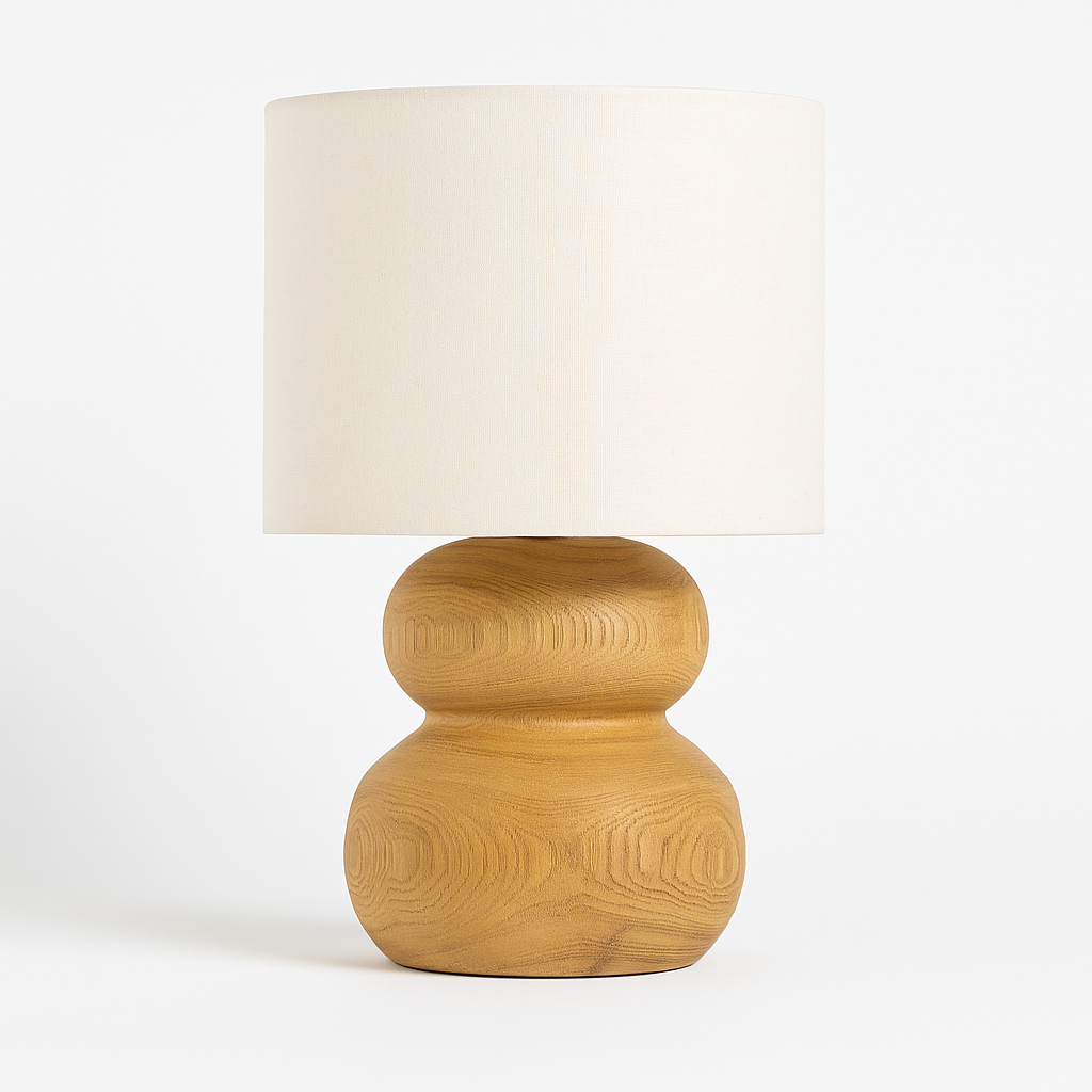 Wooden Table Lamp with Sculpted Base & Fabric Shade