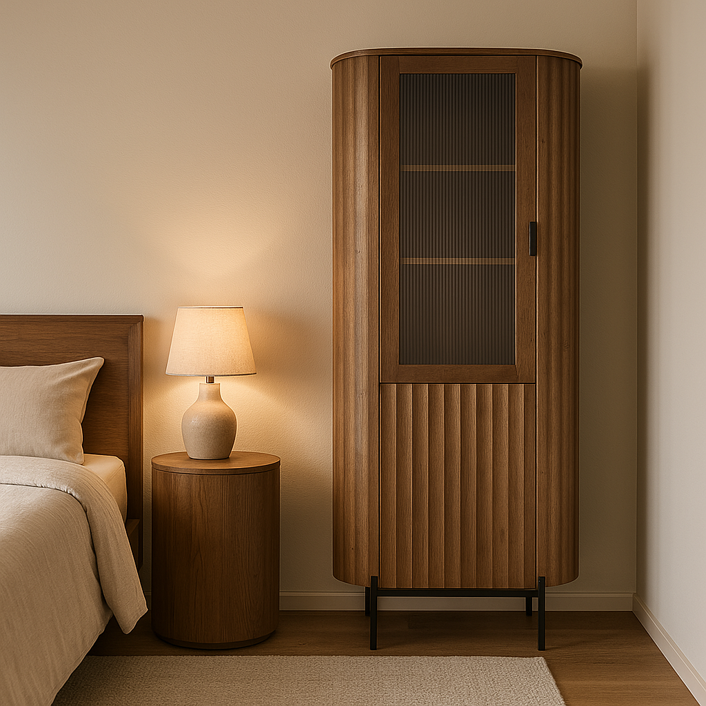 Tall Wooden Cabinet with Fluted Doors & Glass Panel