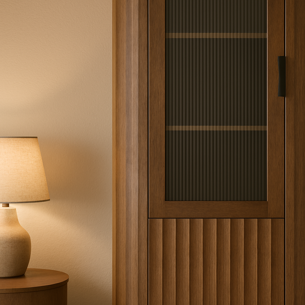 Tall Wooden Cabinet with Fluted Doors & Glass Panel