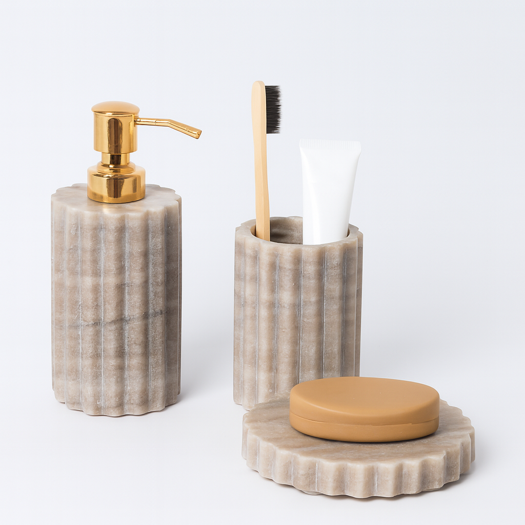 Beige Fluted Marble Bathroom Set with Gold Pump – 3 Piece