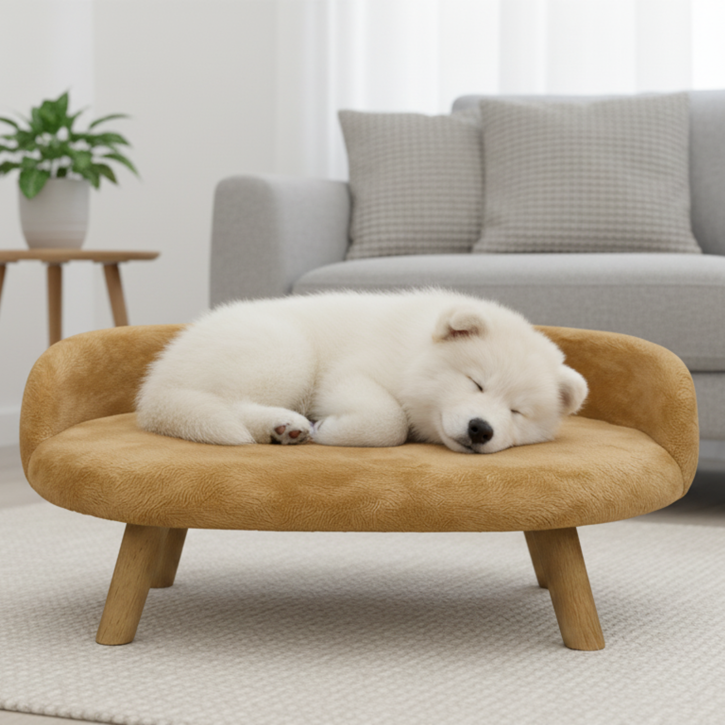 Luxury Plush Pet Bed with Wooden Legs – Golden Beige