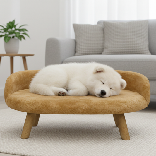 Luxury Plush Pet Bed with Wooden Legs – Golden Beige