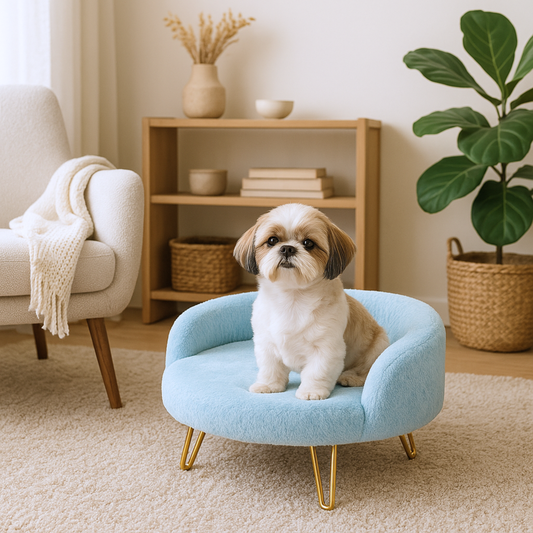 Enclosed Cozy Pet Bed with Gold Hairpin Legs – Aqua Blue