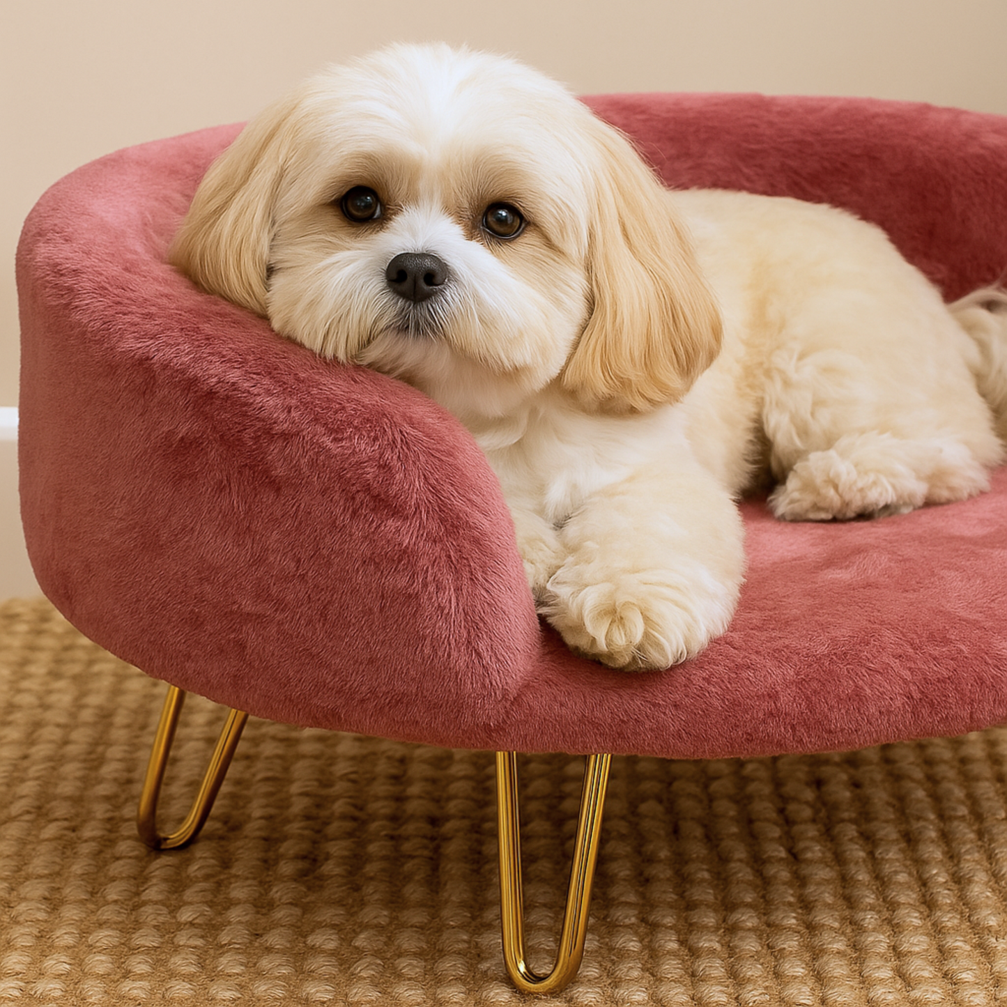 Luxury Plush Pet Bed with Golden Legs – Semi-Enclosed Sofa Design