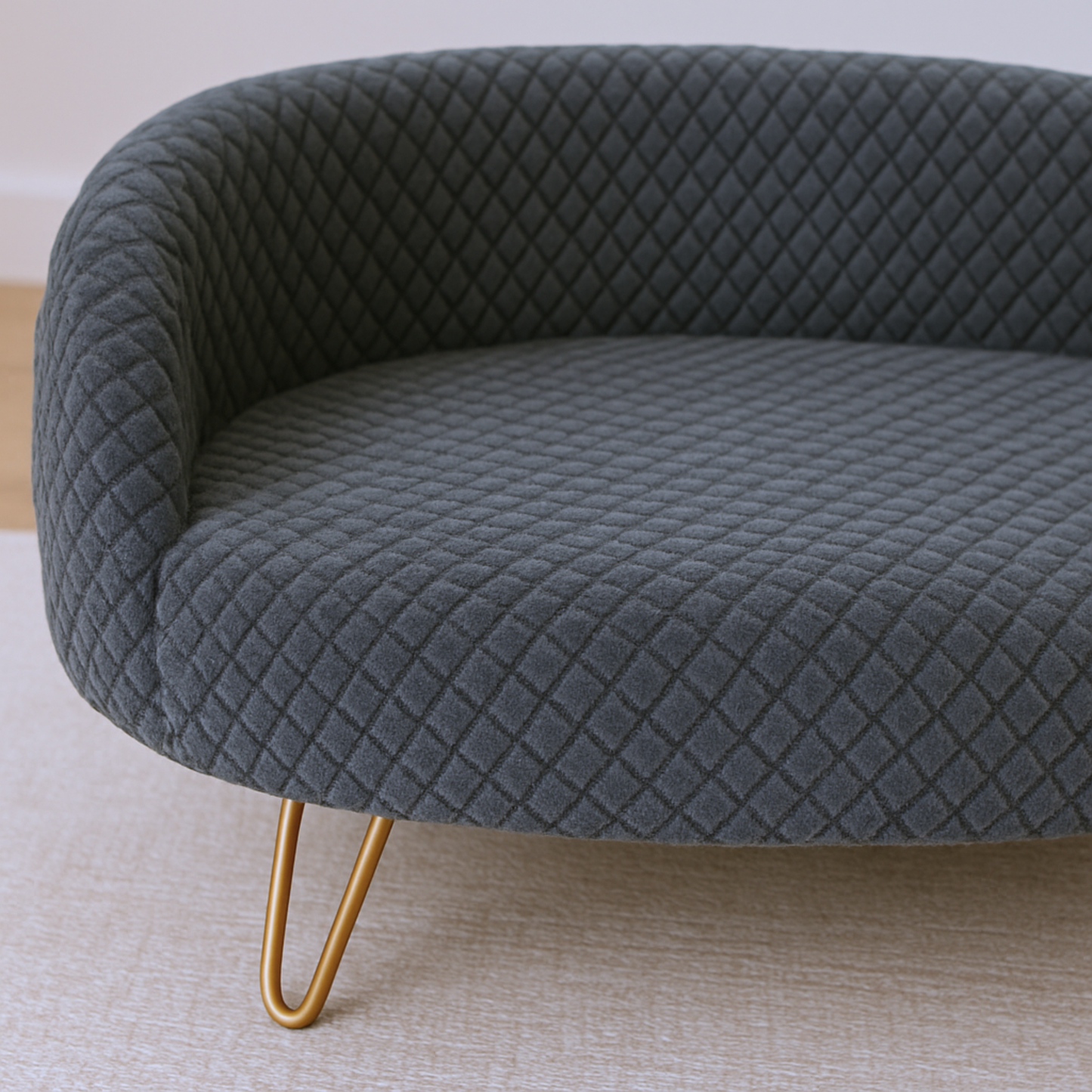 Luxe Quilted Pet Bed with Gold Hairpin Legs – Charcoal Grey