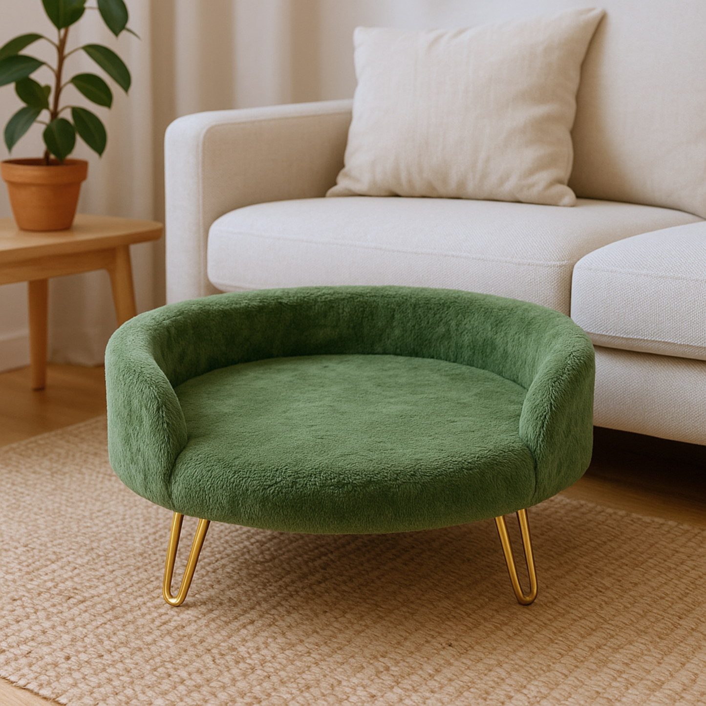 Plush Luxe Pet Bed with Gold Hairpin Legs – Forest Green
