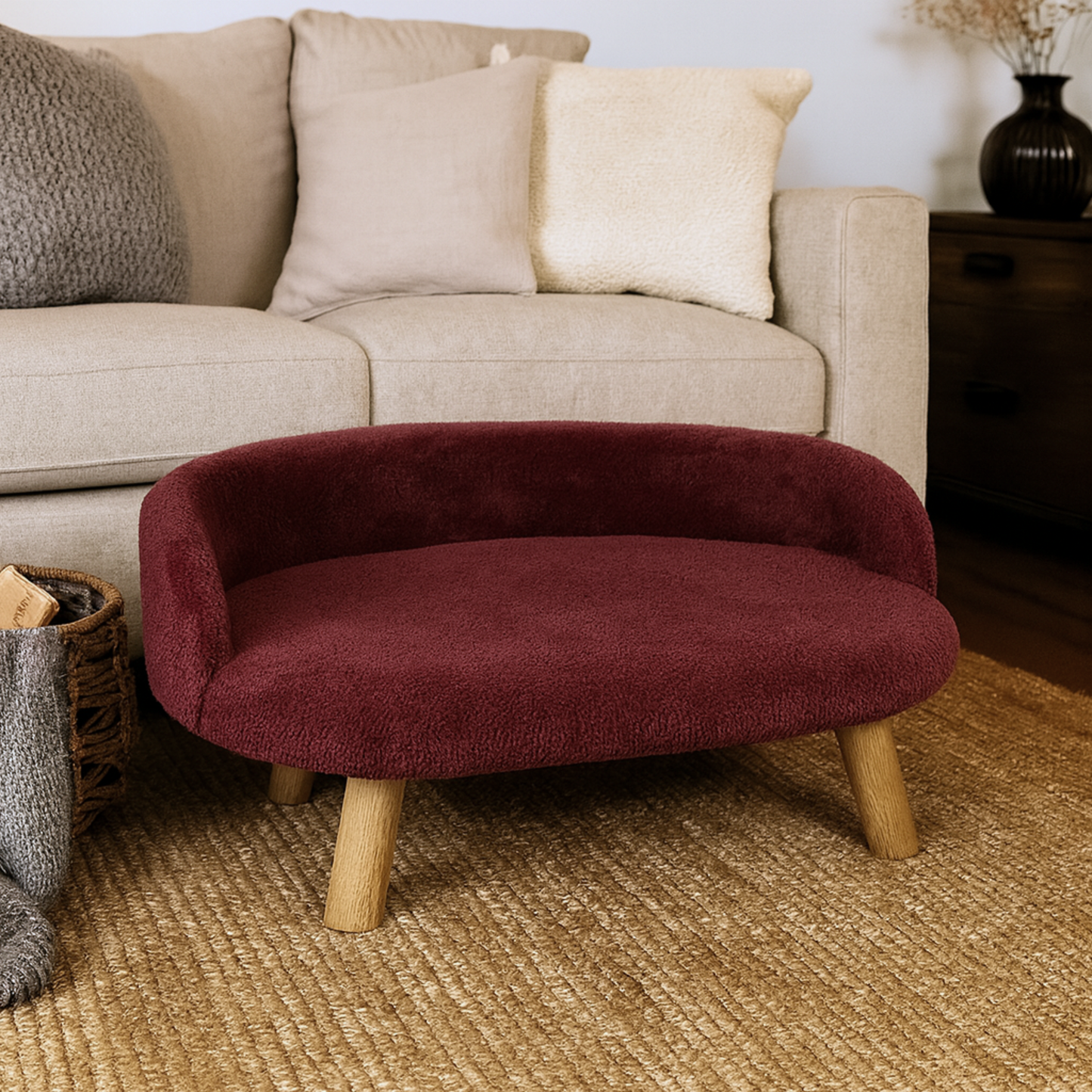 Luxury Plush Pet Bed with Wooden Legs – Burgundy Color
