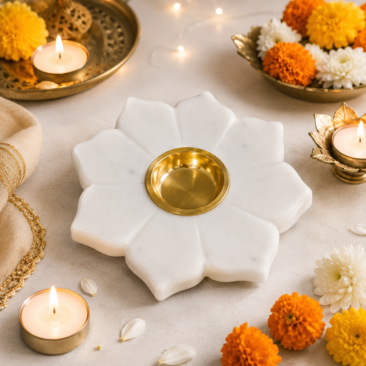 White Marble Lotus Diya Holder with Golden-Finish