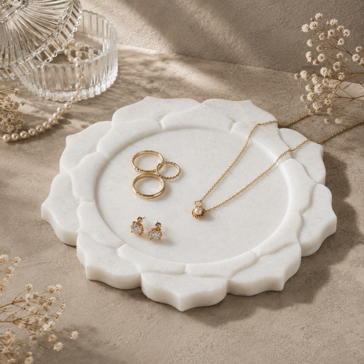 White Marble Jewellery Tray – Sculpted Floral Design for Elegant Jewellery & Vanity Décor