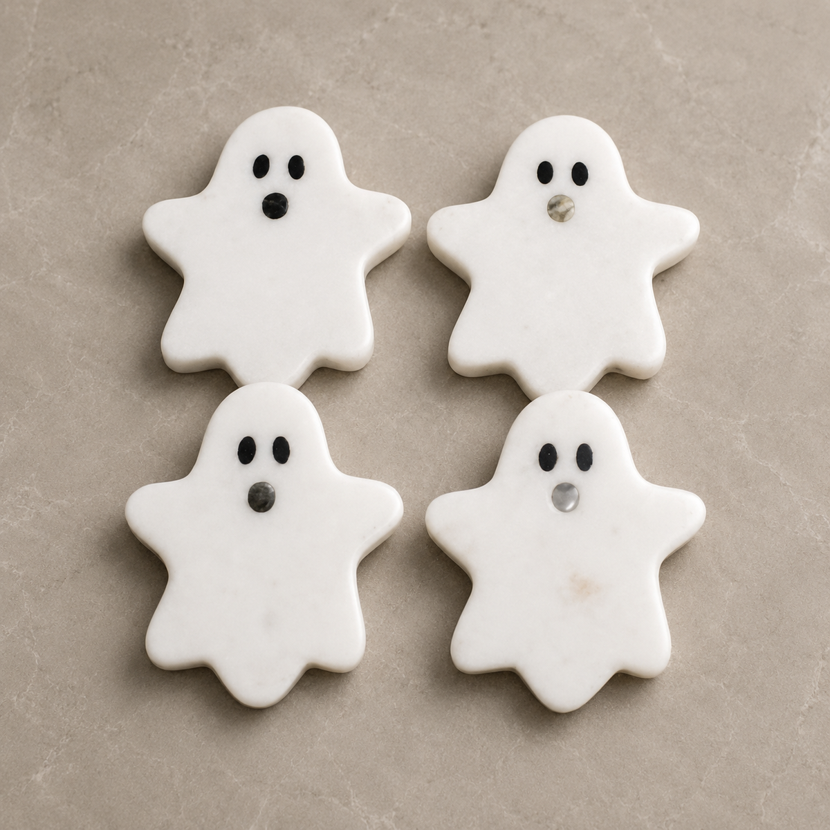 White Marble Ghost Coaster Set of 4 – Handcrafted Halloween-Inspired Coasters for Festive Décor