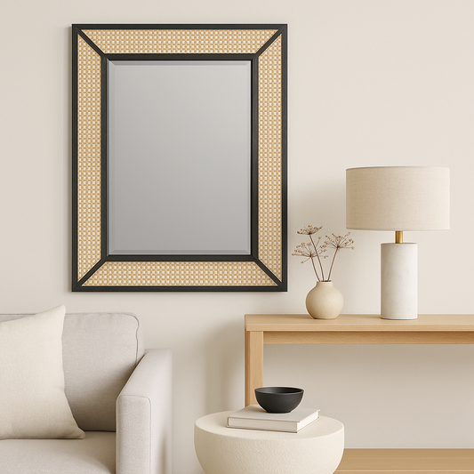 Rectangular Cane & Black Wooden Frame Wall Mirror