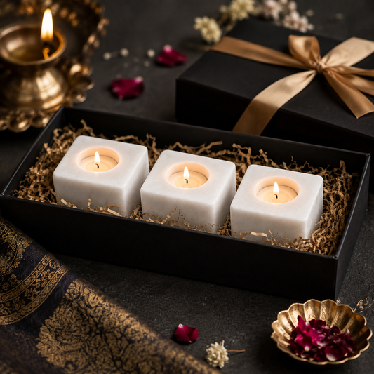 White Marble Square Diya Holder Set of 3
