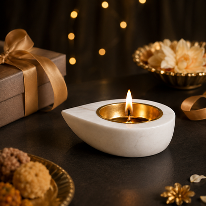 White Marble Diya Holder with Golden-Finish Bowl