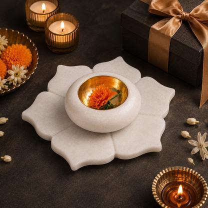 White Marble Lotus Diya Holder with Golden-Finish Bowl