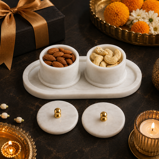 White Marble Dry Fruit Bowl Set with Serving Tray