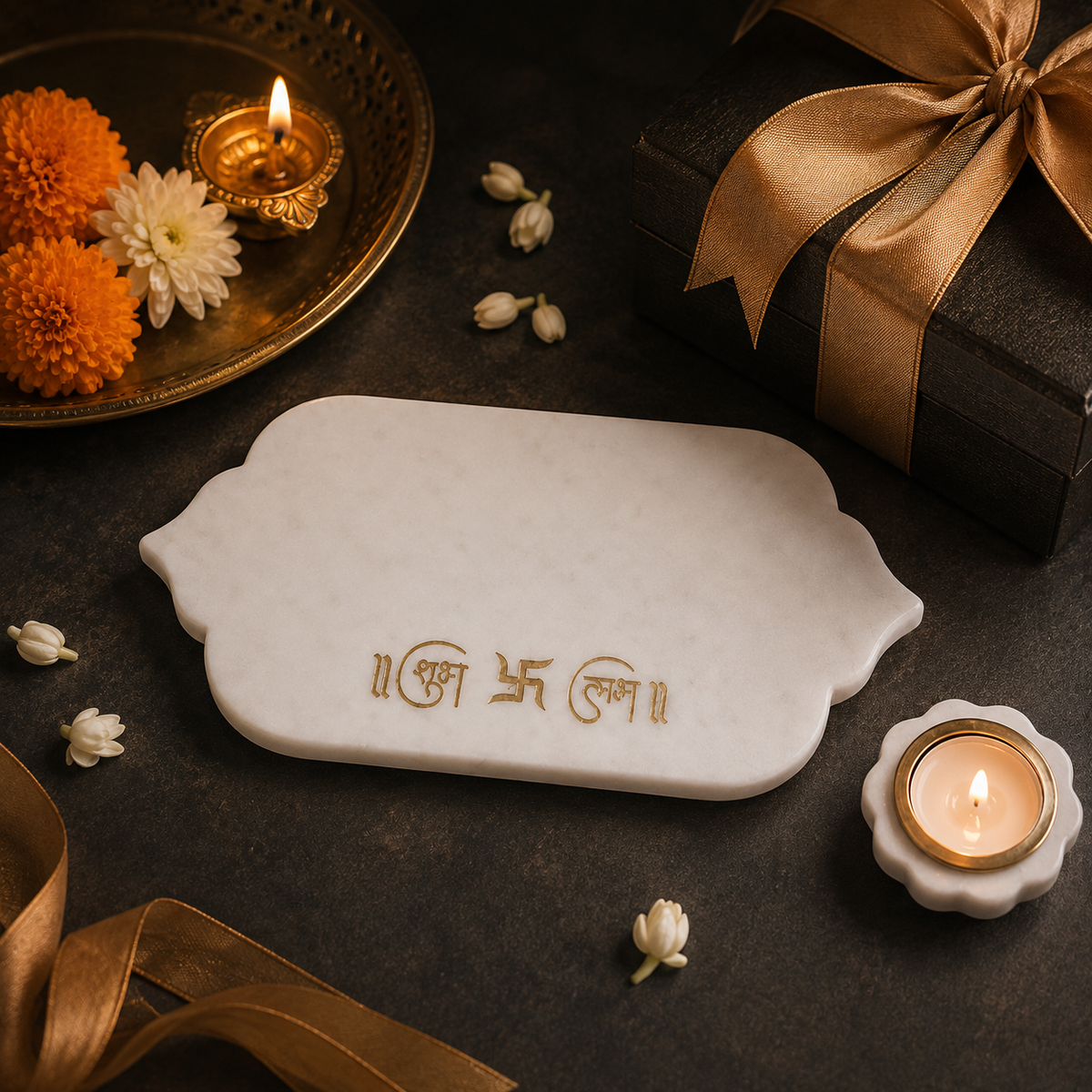 Elegant Marble Pooja Tray With Candle