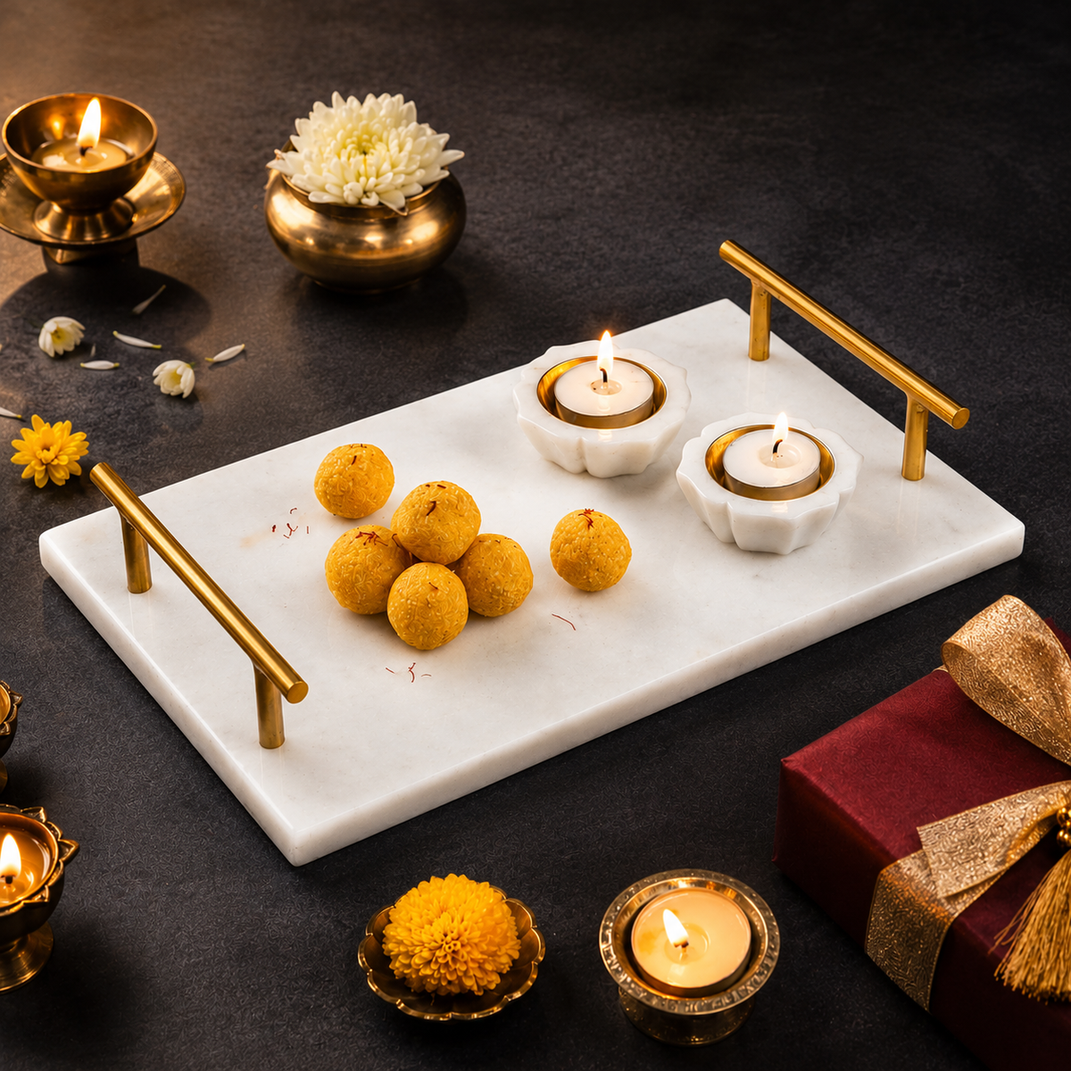 Marble Serving with Tray Deepak Combo
