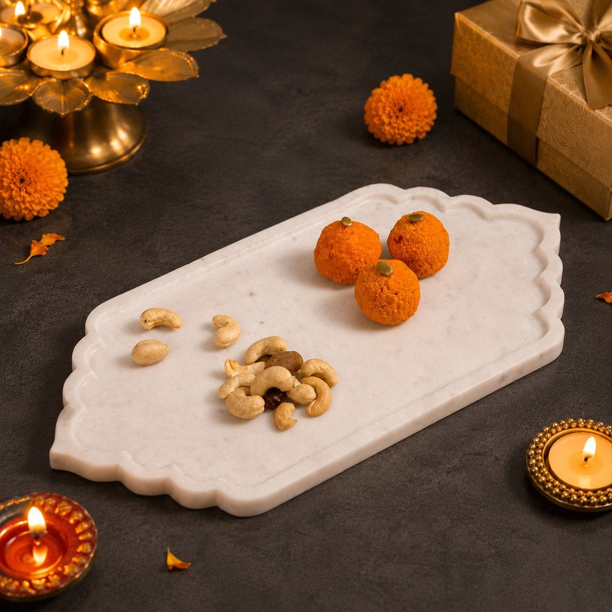 White Marble Festive Serving Platter | Elegant Dry Fruit, Sweet & Pooja Tray