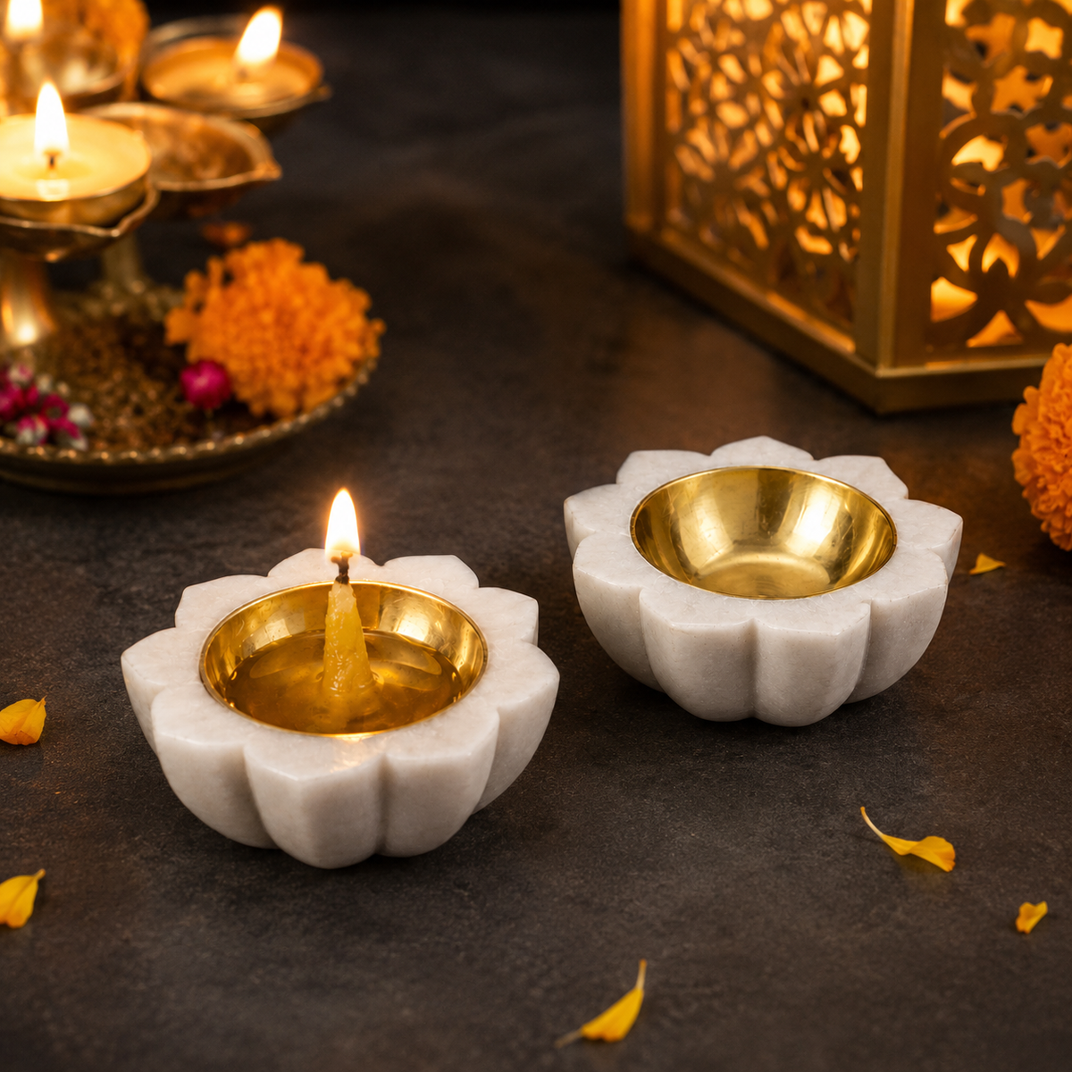 Marble Lotus Diya Set
