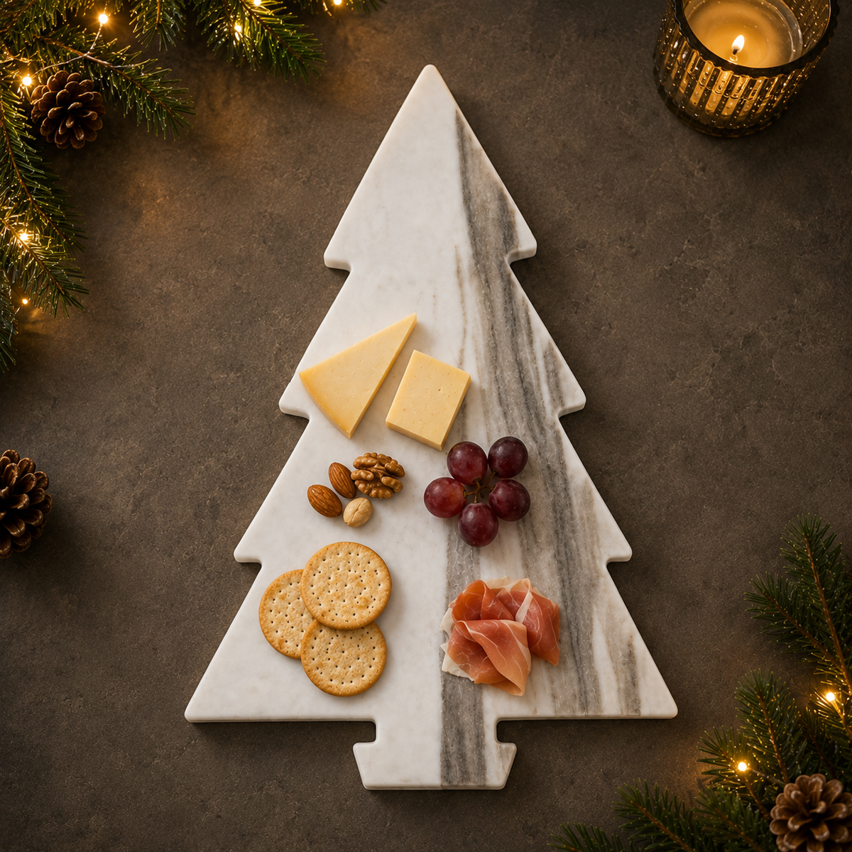 White Marble Christmas Tree Serving Board – Compact (14×8in)