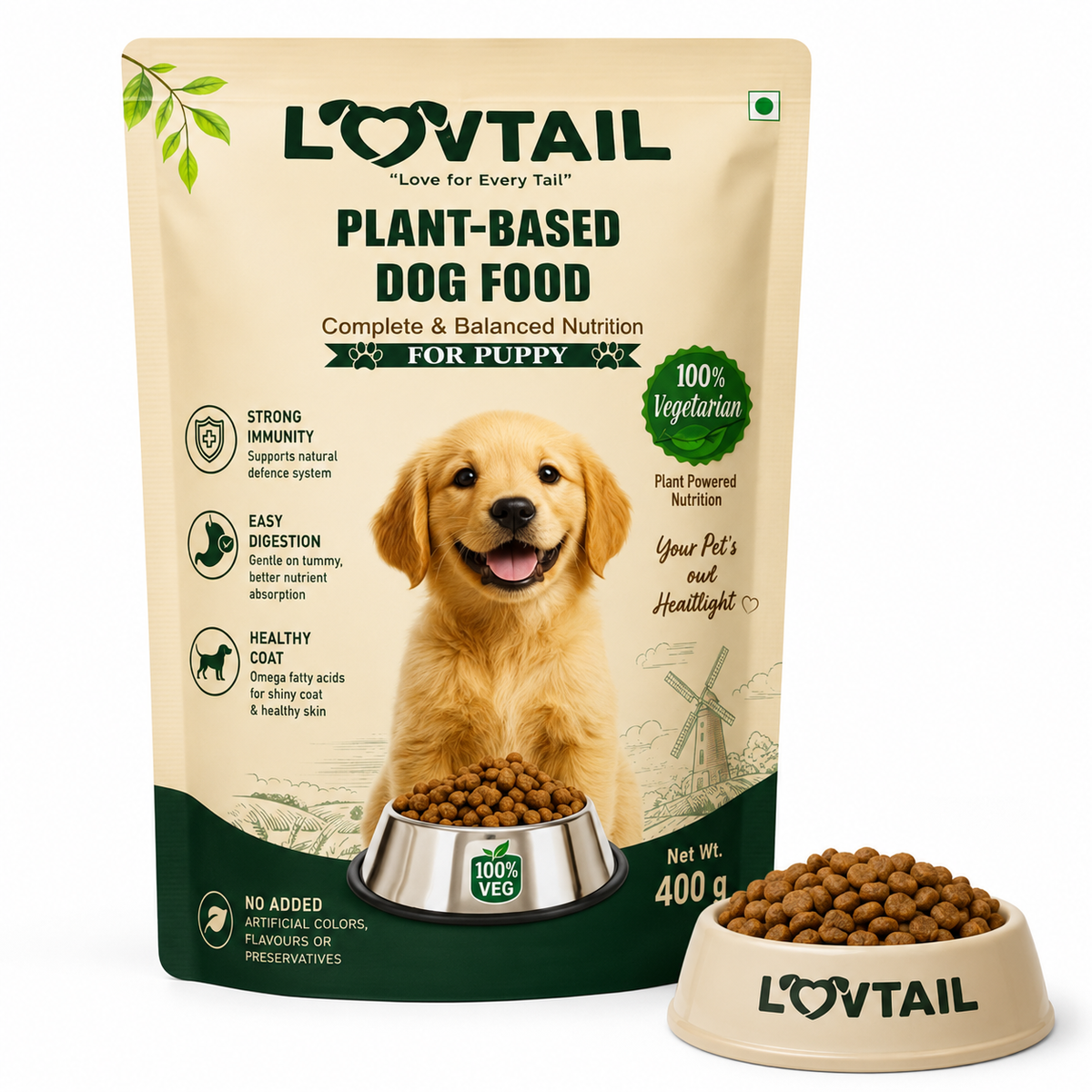 LOVTAIL Puppy Dog Food | 100% Plant-Based | Supports Muscle Growth, Digestion & Healthy Coat | 400g