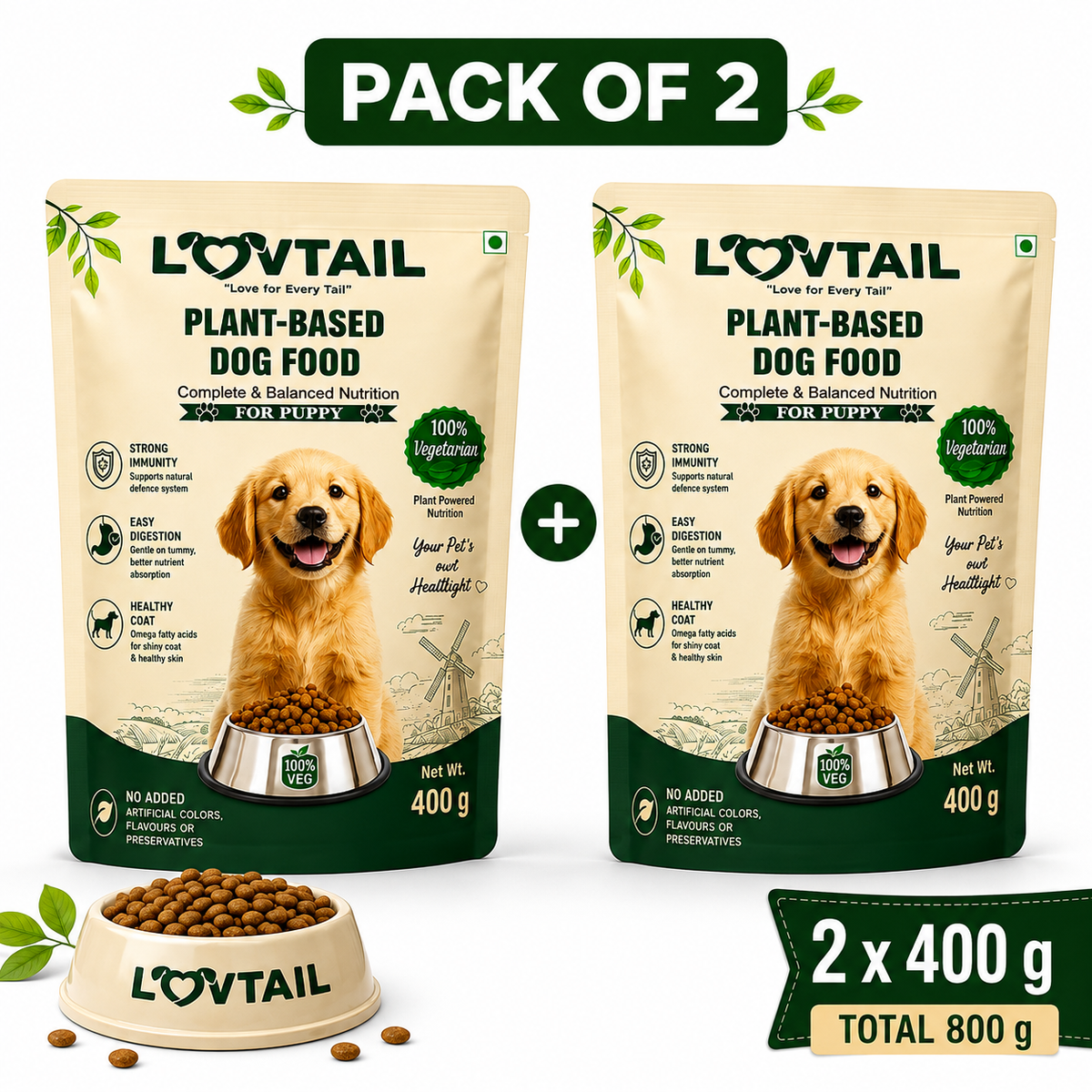 Puppy Dog Food | 100% Plant-Based | Supports Muscle Growth, Digestion & Healthy Coat | 400g x2 Pack