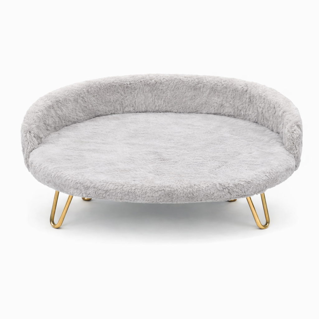 Luxe Plush Pet Bed with Gold Legs – Light Grey (Sofa-Style)