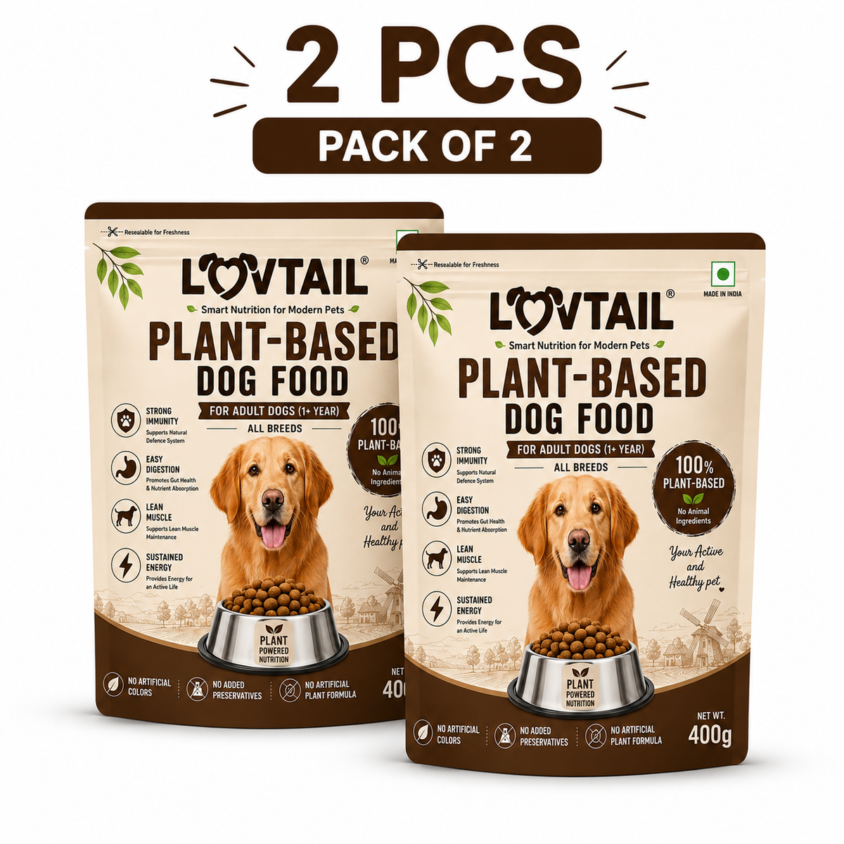 Adult Dog Food | 100% Plant-Based | Supports Gut Health, Immunity & Lean Muscle | 400g x 2 pack
