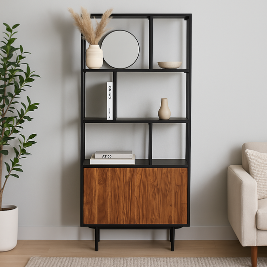 Black Wooden Bookshelf with Open Display & Storage Cabinet