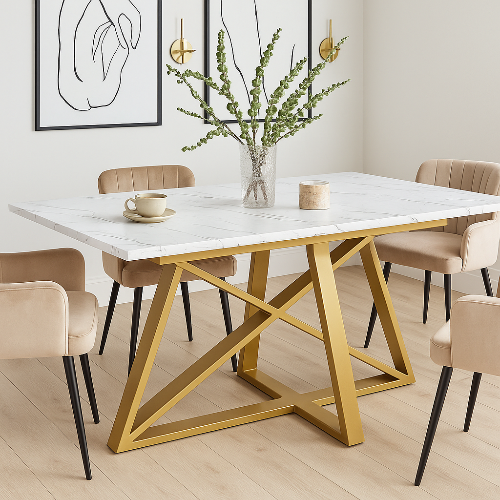 White Marble Top Dining Table with Gold Geometric Base