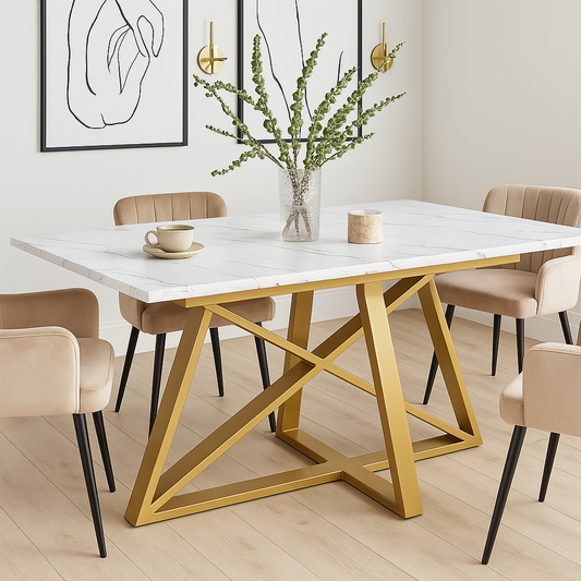 White Marble Top Dining Table with Gold Geometric Base