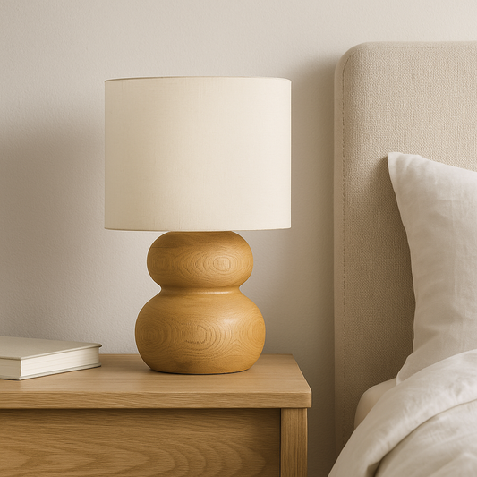 Wooden Table Lamp with Sculpted Base & Fabric Shade