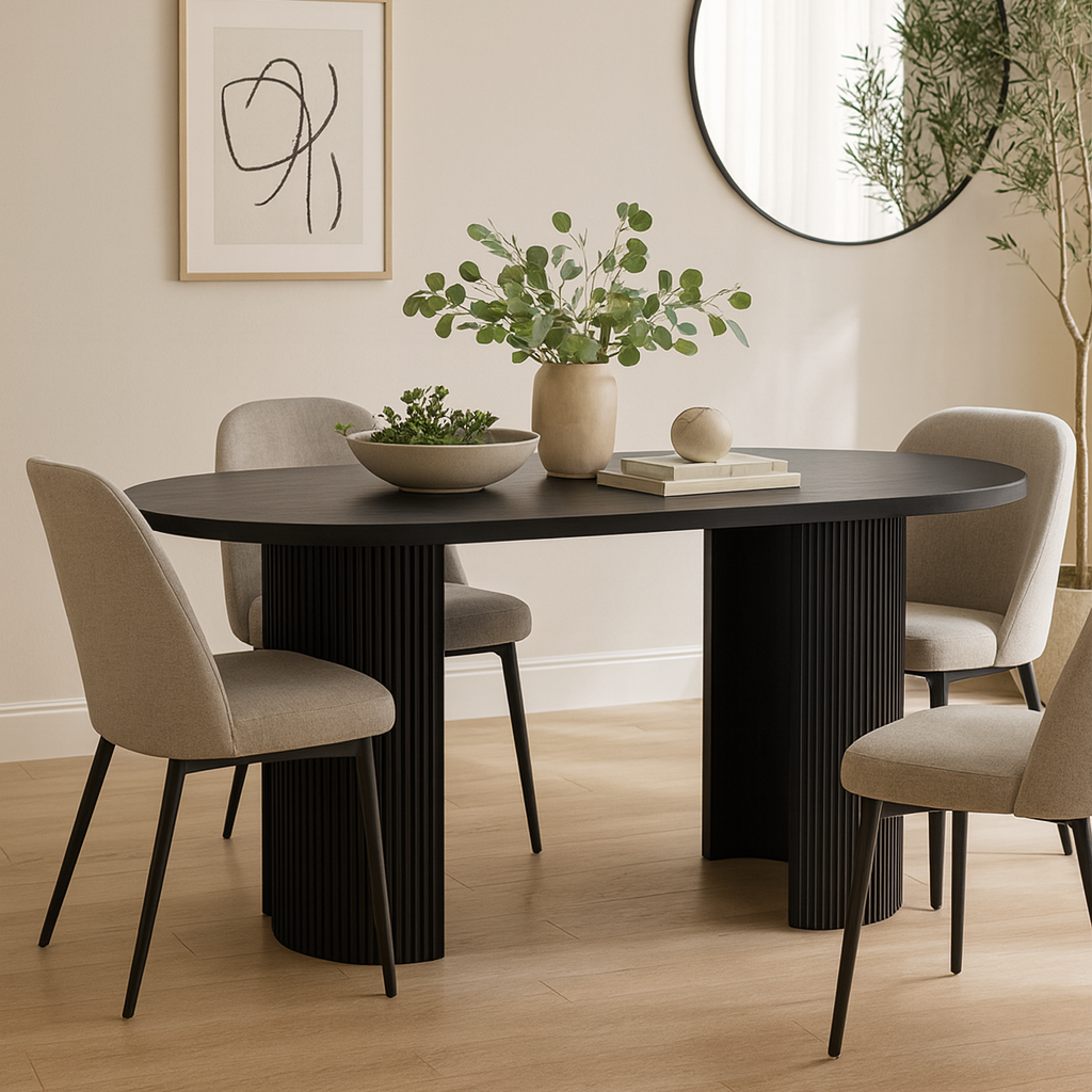 Modern Black Oval Dining Table with Fluted Base