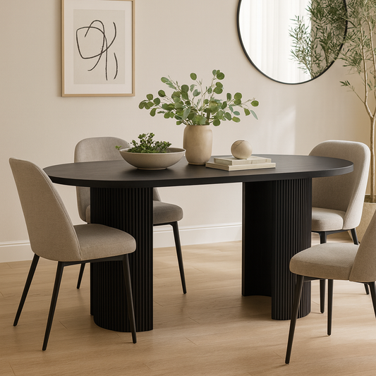Modern Black Oval Dining Table with Fluted Base
