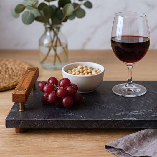 Black Marble Serving Tray with Wooden Handles