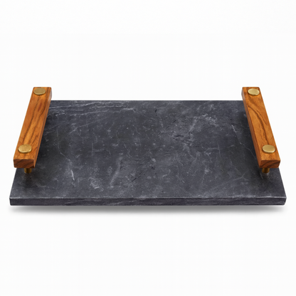 Black Marble Serving Tray with Wooden Handles