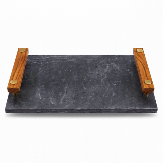 Black Marble Serving Tray with Wooden Handles