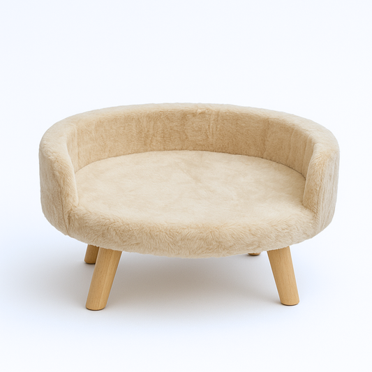 Cozy Plush Elevated Pet Bed – Semi-Enclosed Design with Wooden Legs