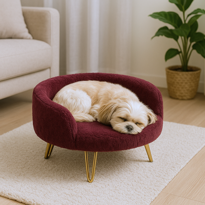 Luxury Burgundy Pet Bed with Golden Legs – Semi-Enclosed Sofa Design