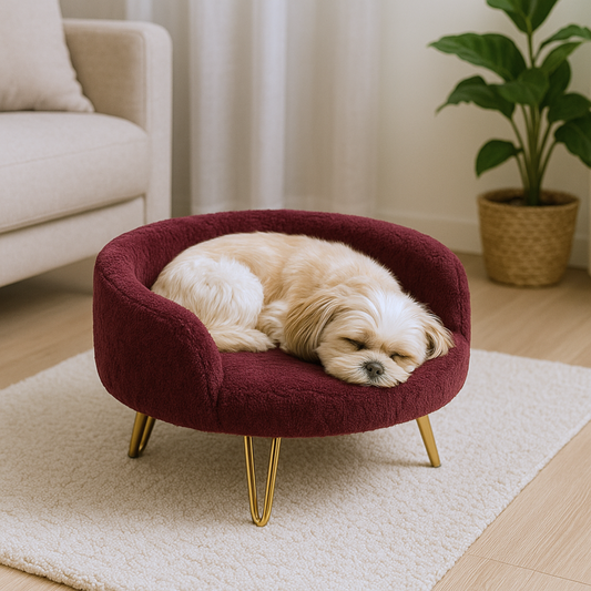 Luxury Burgundy Pet Bed with Golden Legs – Semi-Enclosed Sofa Design