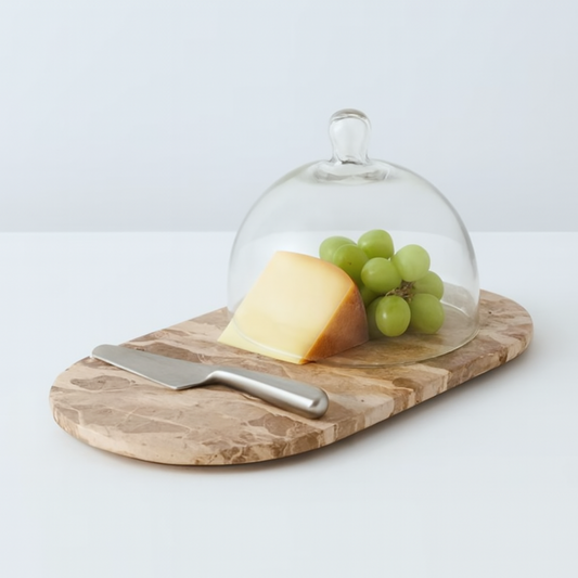 Beige Marble Oval Serving Board with Glass Cloche