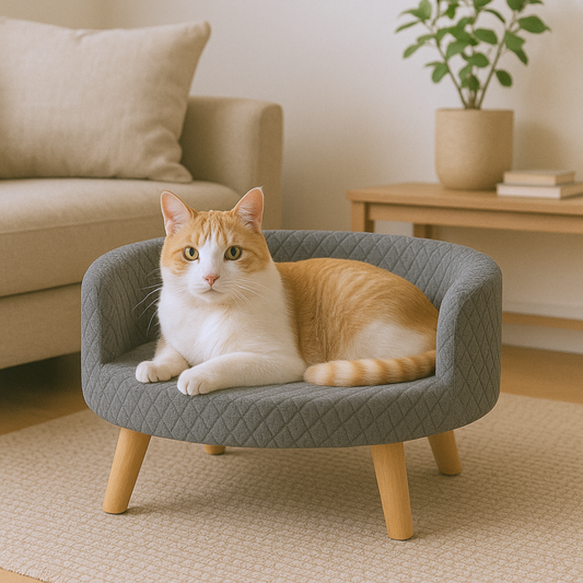 Quilted Pet Bed with Natural Wood Legs – Charcoal Grey