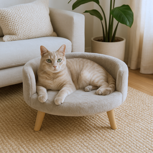 Plush Cozy Pet Bed with Natural Wood Legs – Sand Beige