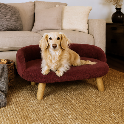 Luxury Plush Pet Bed with Wooden Legs –  Burgundy Color